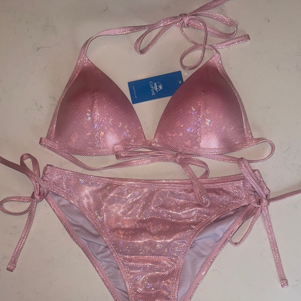 NWT Cupshe Sparkling Pink Bikini Set Size Small